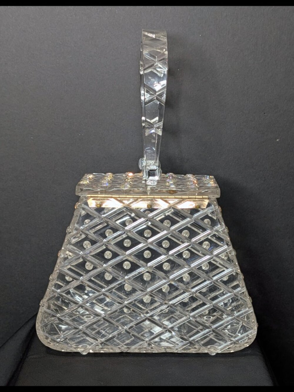 Unbelievable CHARLES KAHN Clear Lattice Rhinestone 1950s Lucite Purse, Good Cond - Picture 6 of 15